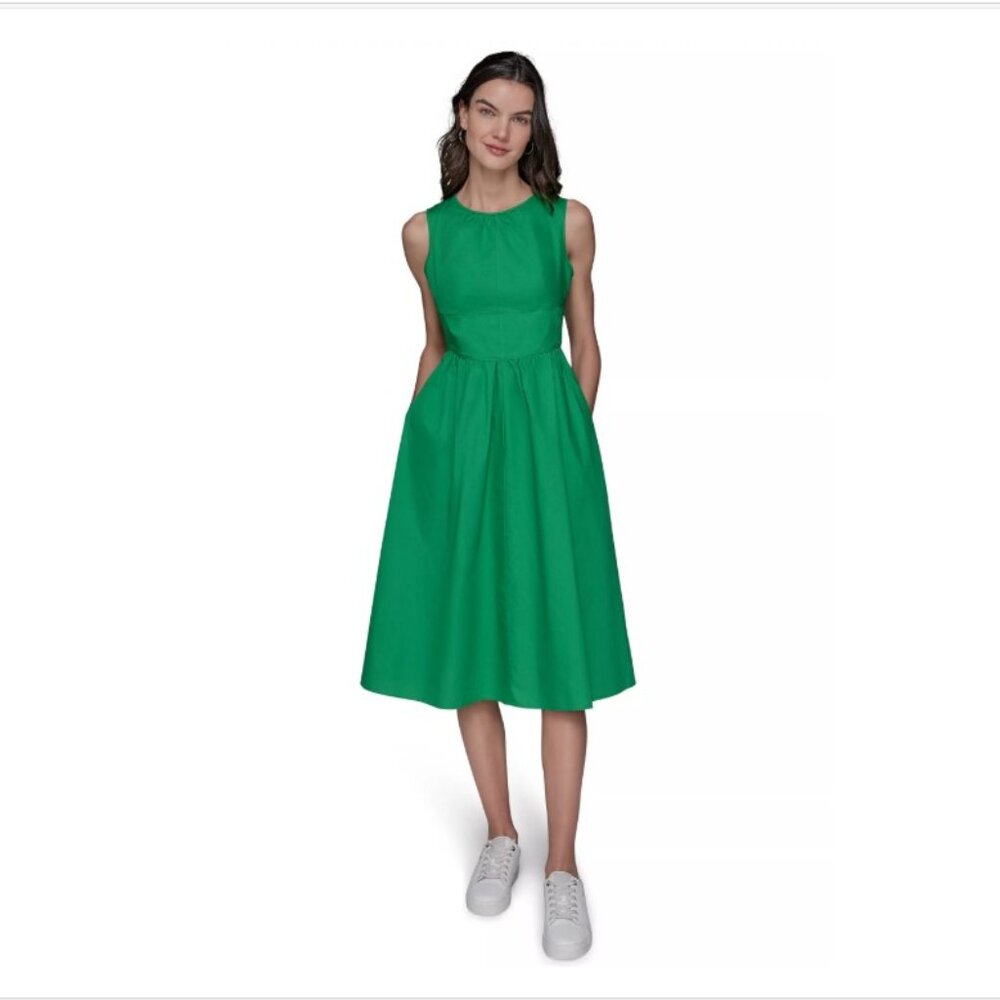 NEW Karl Lagerfeld sz 6 Florence Green Poplin Bow Back A Line Midi Dress